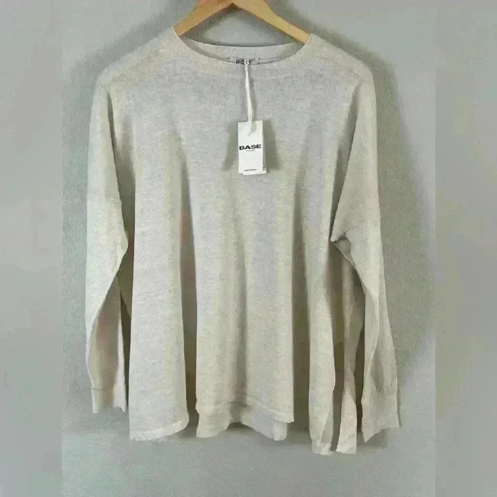 Base Milano Italy Lino Flax/Cotton Blend Long Sleeve Cream Top Women's 42 NWT